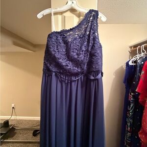 David's Bridal One-Shoulder Lace Dress in Deep Blue